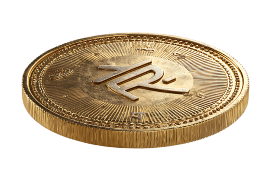 Golden cryptocurrency coin with unique symbol.