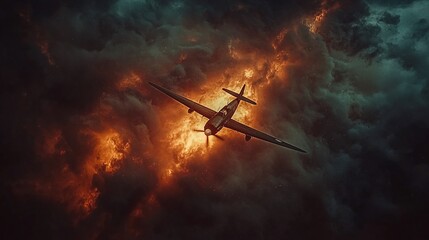 Naklejka premium Warplane in a fiery storm
