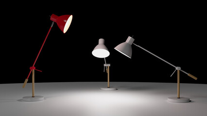 8K Landscape Image: Three Table Lamps Casting Light Toward Center on Black Background – Minimalist Lighting Concept with Copy Space
