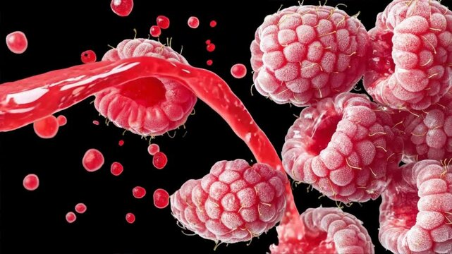 A vibrant splash of raspberry juice showcasing juicy berries on a dark background, perfect for culinary visuals.