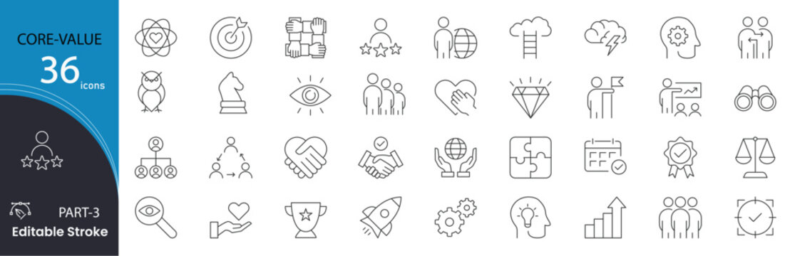 Core values related icons set. Including integrity, respect, vision, ethics, teamwork, mission, and trust. Editable stroke. outline icons.