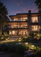Fototapeta premium Evening glow illuminates stylish home exterior, lush landscaping , illuminated, shadows, scene