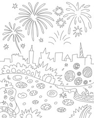 Artistic black and white illustration featuring fireworks exploding above a cityscape celebration for special occasions