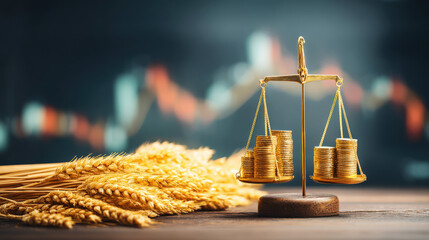 Golden scale balancing coins and wheat on white surface, symbolizing economic stability versus inflation, financial crisis and money value concept.
