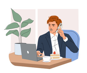 Man in formal suit using laptop and talking on phone while seated at a cafe table with cake and coffee, flat graphic style, indoor background. Concept of multitasking. Vector illustration