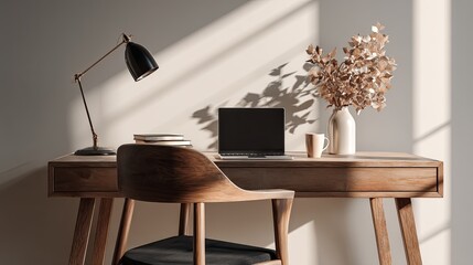 Obraz premium Minimal Home Office Desk with Laptop and Plant Copy Space