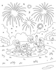 A family celebrating independence day outdoors observing fireworks celebrating patriotism in a festive coloring page