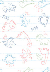 Hand-Drawn Dino Doodle Pattern on Lined Paper Background