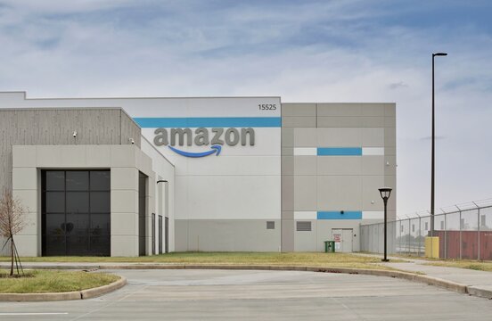 Amazon warehouse facility exterior company founded by Jeff Bezos Houston, Texas USA 11-24-2022.