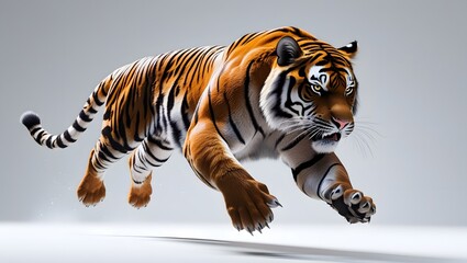 Fototapeta premium A strong and magnificent Bengal tiger was captured while jumping, its muscles tense and fur detailed, eyes focused, leaping with dynamic energy.