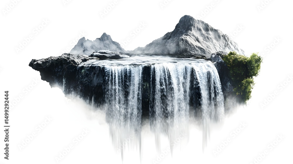 Poster A floating island with a waterfall cascading down and mountains in the background on white
