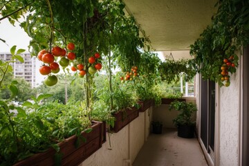 Lush Tomato Plant Growing in Containers on Apartment Balcony Featuring Ripening Produce & Green Foliage Creating Urban Oasis