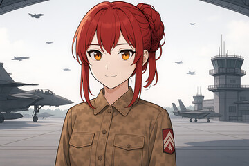 Confident anime female soldier with red hair in camouflage military uniform stands on an airbase surrounded by fighter jets and control towers, capturing the essence of modern military aviation