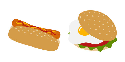 Freehand Fast Food Sandwiches Hot dog ang Egg Burger of Sesame Bun fried Egg Greens Tomato slice Set