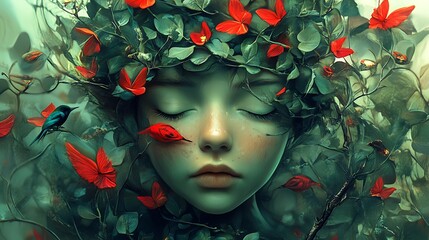 Girl rests peacefully with surrounded lush greenery red flowers and birds for digital painting capturing serene embrace of nature in vibrant harmonious beauty concept.