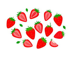 Vibrant illustration of whole and halved strawberries, arranged artistically against a black backdrop