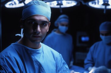 Focused Indian surgeon, crisp blue scrubs, studio-quality soft lighting with a hint of rim light