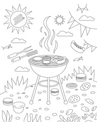 Black and white vector illustration of a backyard barbeque grilling hamburgers hotdogs and other food items on the fourth of july holiday.