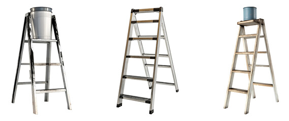 Set of various short ladder with paint bucket isolated on transparent background
