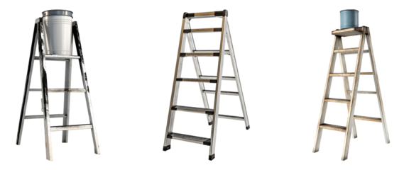 Set of various short ladder with paint bucket isolated on transparent background
