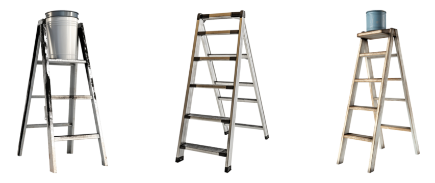Set of various short ladder with paint bucket isolated on transparent background