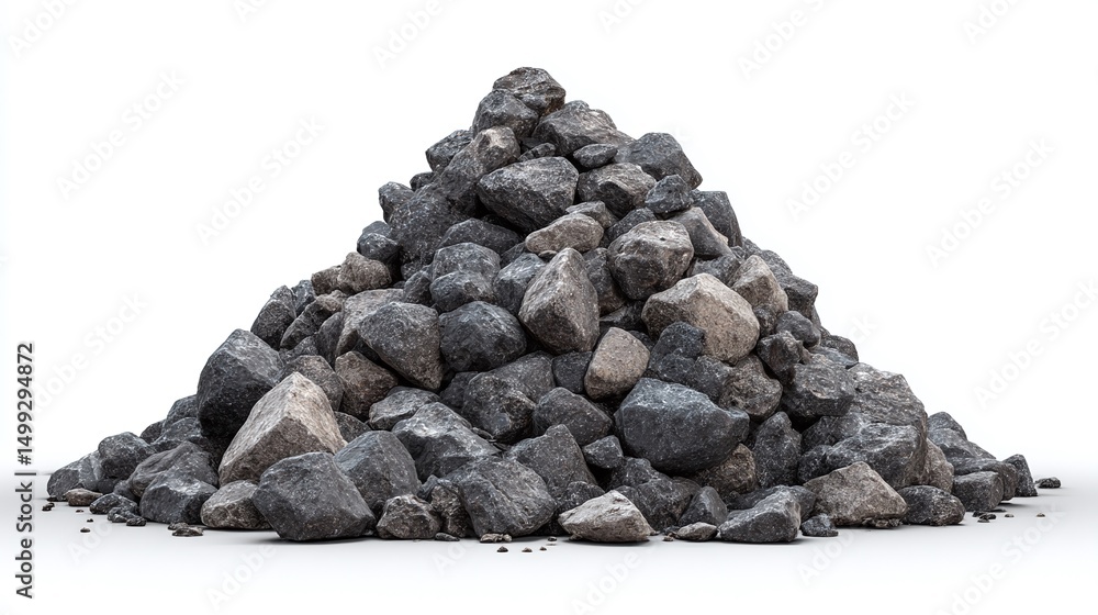 Poster pile of grey rocks: a cluster of weathered stones stacked on a light surface. diverse sizes and text