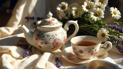 Fototapeta premium Hot morning tea with flowers on a breakfast table