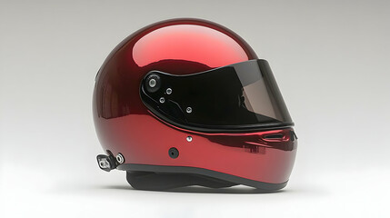 Glossy red racing helmet with a dark visor sits on a white surface, reflecting the ambient light