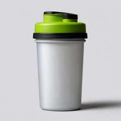 Obraz premium Modern Protein Shaker Bottle with Detachable Storage Compartments - Frosted Clear Body, Neon Green Lid, Black Accent Ring, Minimalist Design on White Background