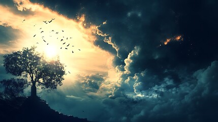 Solitary tree stands boldly with silhouetted grace and stillness for surreal sunset landscape beneath dramatic cloudscape capturing nature’s power and poetic isolation concept.