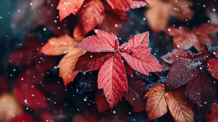 Red leaves drift gently with contrasting warmth and stillness for autumnal serenity in falling snow capturing quiet beauty and seasonal transition in nature concept.