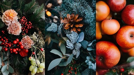 Winter blooms cones and apples arranged with celebrating seasonal charm and texture for festive collage capturing warmth and beauty in holiday inspired natural decoration concept.