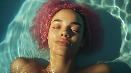 Woman with pink hair floats peacefully with embracing calm and weightlessness for serene submersion in teal water artistic dreamlike tranquility concept.