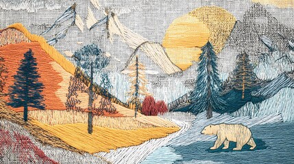 Knitted wool texture featuring stitched bear embroidery, perfect for kidswear, nursery textiles, and winter-themed cozy fabric visuals.