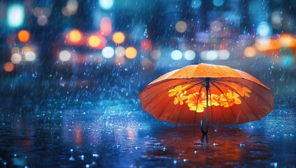 Orange umbrella in a city rain