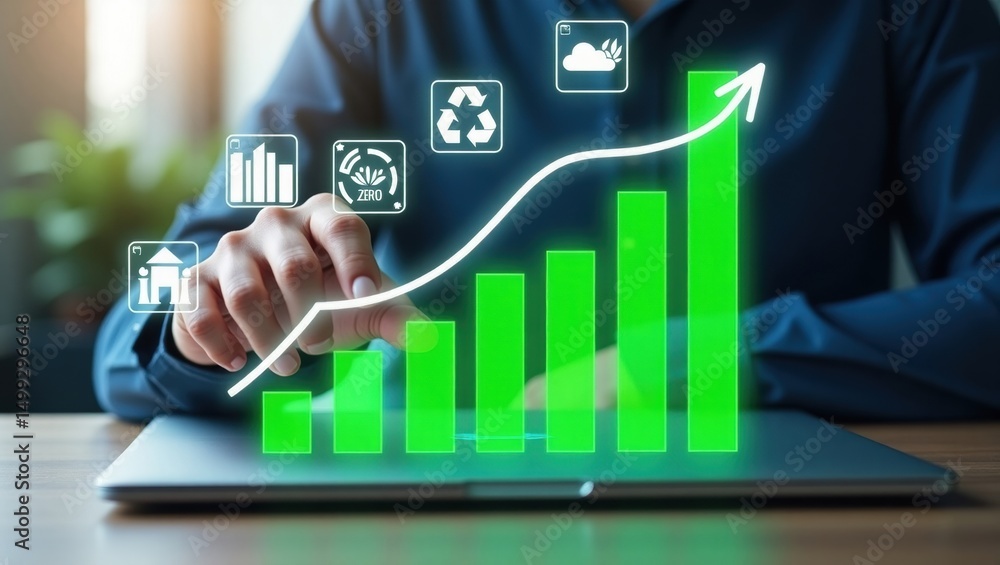 Aufkleber person interacting with a digital interface displaying a growth chart.
