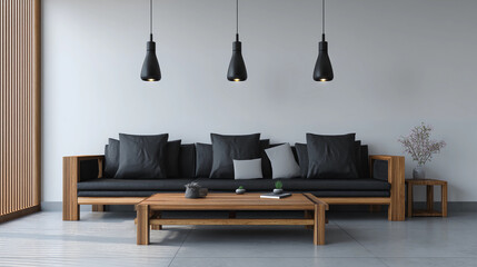 Black sofa set with wooden coffee table and hanging ceiling lamps, clean and symmetrical view