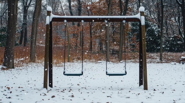 A snow-covered swing set in an empty playground during winter