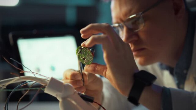 An expert in electronics focuses intensely on a circuit board while using precision tools for repair. This intricate work takes place in a modern laboratory equipped with advanced technology
