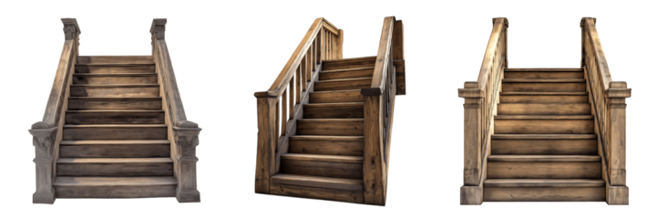 Set of various wooden medieval stairs isolated on transparent background