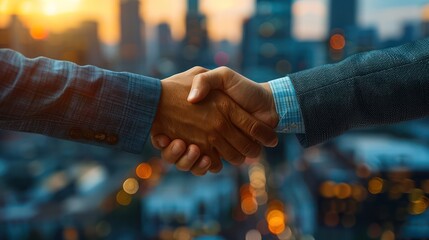 The hands of two young businessmen shaking firmly, symbolizing teamwork, trust, and collaboration in business, set against a blurred background of a bustling city skyline filled with tall buildings.