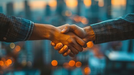 The hands of two young businessmen shaking firmly, symbolizing teamwork, trust, and collaboration in business, set against a blurred background of a bustling city skyline filled with tall buildings.