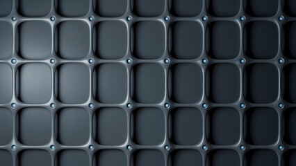 Industrial metal grid pattern with rounded square panels creating modern textured surface for architectural, automotive, and design backgrounds
