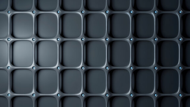 Industrial metal grid pattern with rounded square panels creating modern textured surface for architectural, automotive, and design backgrounds