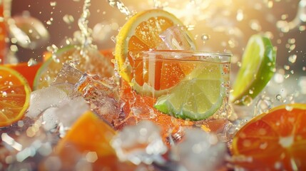 Refreshing Splash Background with Citrus and Ice – Vibrant and Cool Backdrop for Beverage and Summer Drink Ads