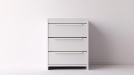 Minimalist white drawer cabinet isolated on a plain white background, emphasizing simplicity and structure
