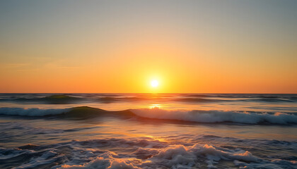 Obraz premium Golden sunset over the ocean, waves crashing gently, warm summer breeze, 8K