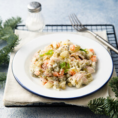 Traditional Russian salad with ham