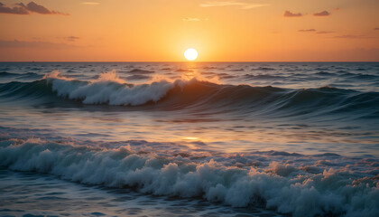 Golden sunset over the ocean, waves crashing gently, warm summer breeze, 8K