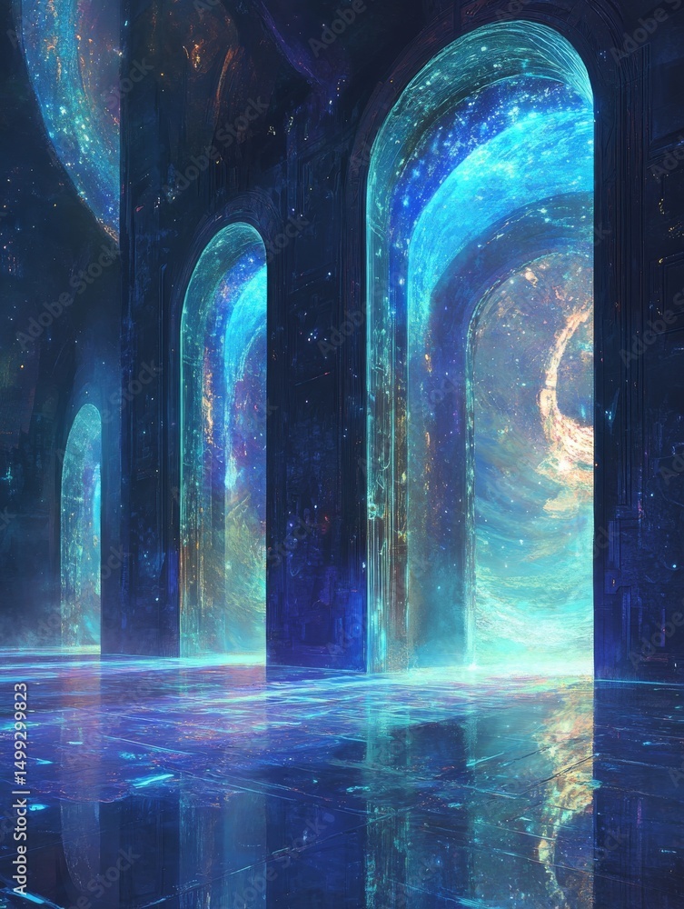 Poster cosmic arches: portals to distant galaxies, a glimpse into the interdimensional universe where archi
